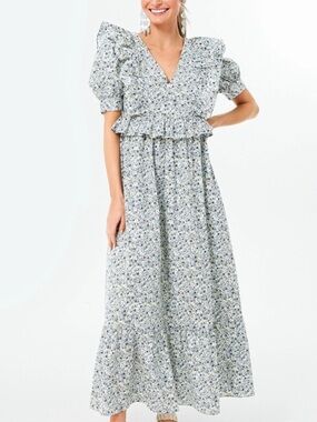 NWT Hyacinth House Blue Floral Ruffle Maxi Dress Short Puff Sleeve V-Neck Size S